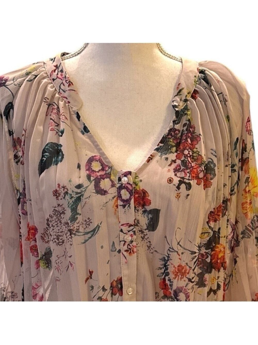 Bishop + Young Accordion Pleated Sheer Floral Blouse Size Small - Picture 14 of 16